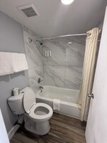 Bañera con ducha, artículos de tocador gratuitos, secador de pelo