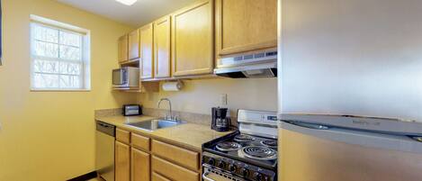 Two Bedroom Suite | Private kitchen | Full-size fridge, microwave, oven, stovetop