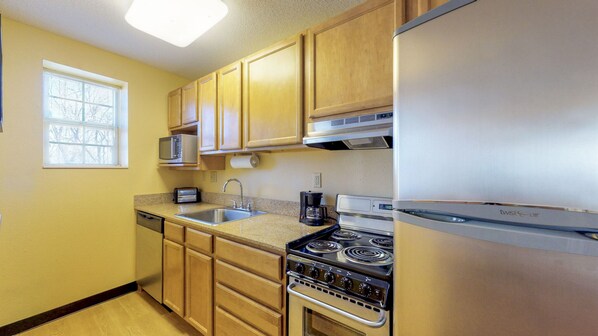 Two Bedroom Suite | Private kitchen | Full-size fridge, microwave, oven, stovetop