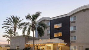 Un hotel con diseño moderno, que presenta una fachada curva, una entrada a nivel de calle con puerta de cristal y palmeras en primer plano.