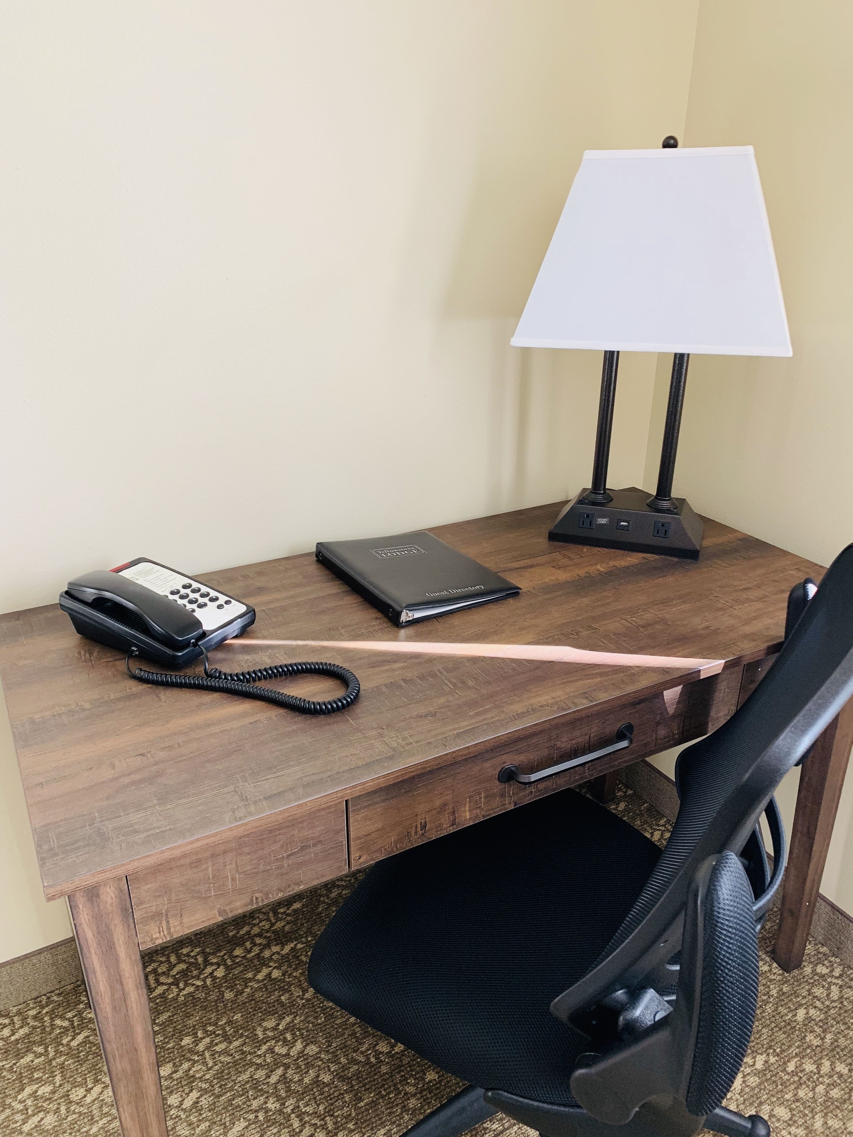 desk, laptop workspace, blackout curtains, iron/ironing board