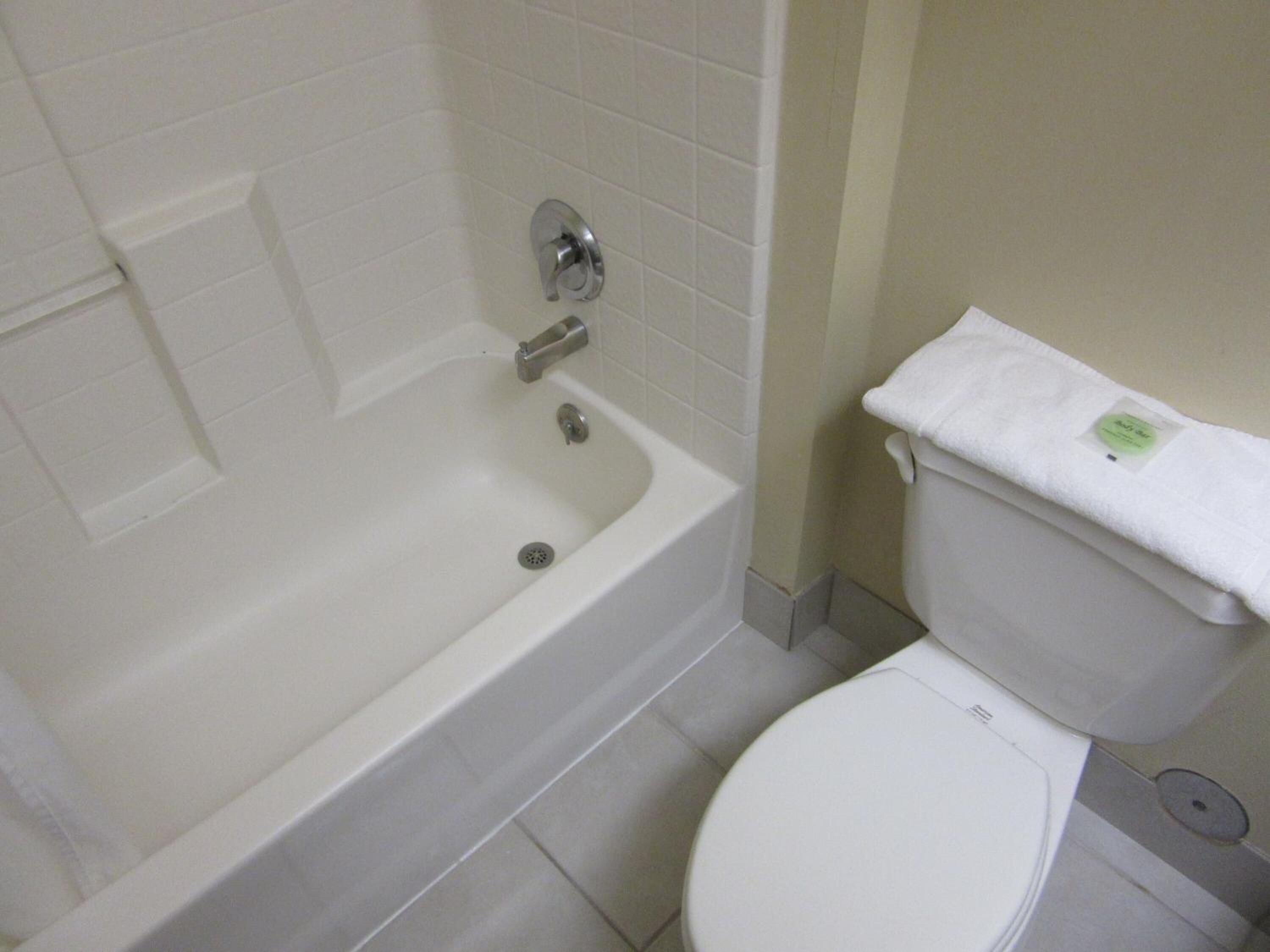 combined shower/bathtub, hair dryer, towels, toilet paper