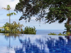 A clear view of a swimming pool with a view of the ocean and surrounding trees. - Garajau Madeira Hotel (Santa Cruz)