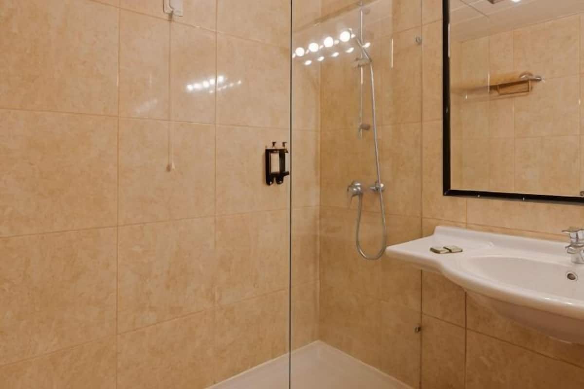 A bathroom with a glass shower enclosure, a white sink, and a mirror.