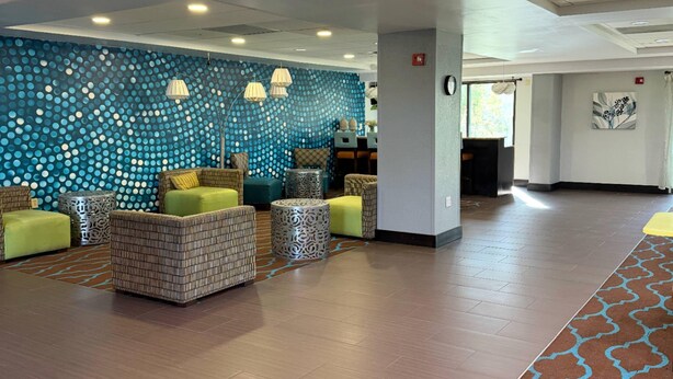 A lobby with a patterned wall, seating area with cushions, and a patterned carpet. - Comfort Inn & Suites Tampa North I-75 (Tampa)