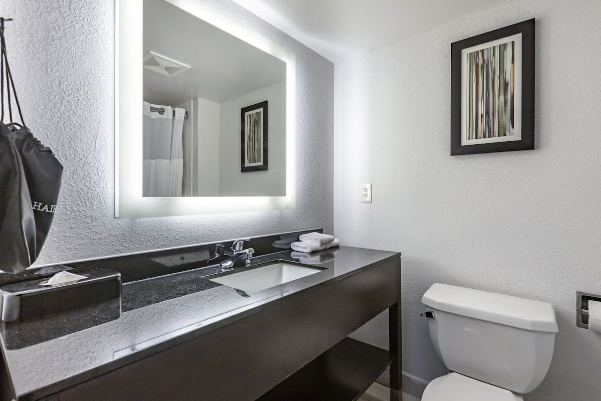 A modern bathroom with a large mirror, a sink, a toilet, and a framed artwork on the wall.
