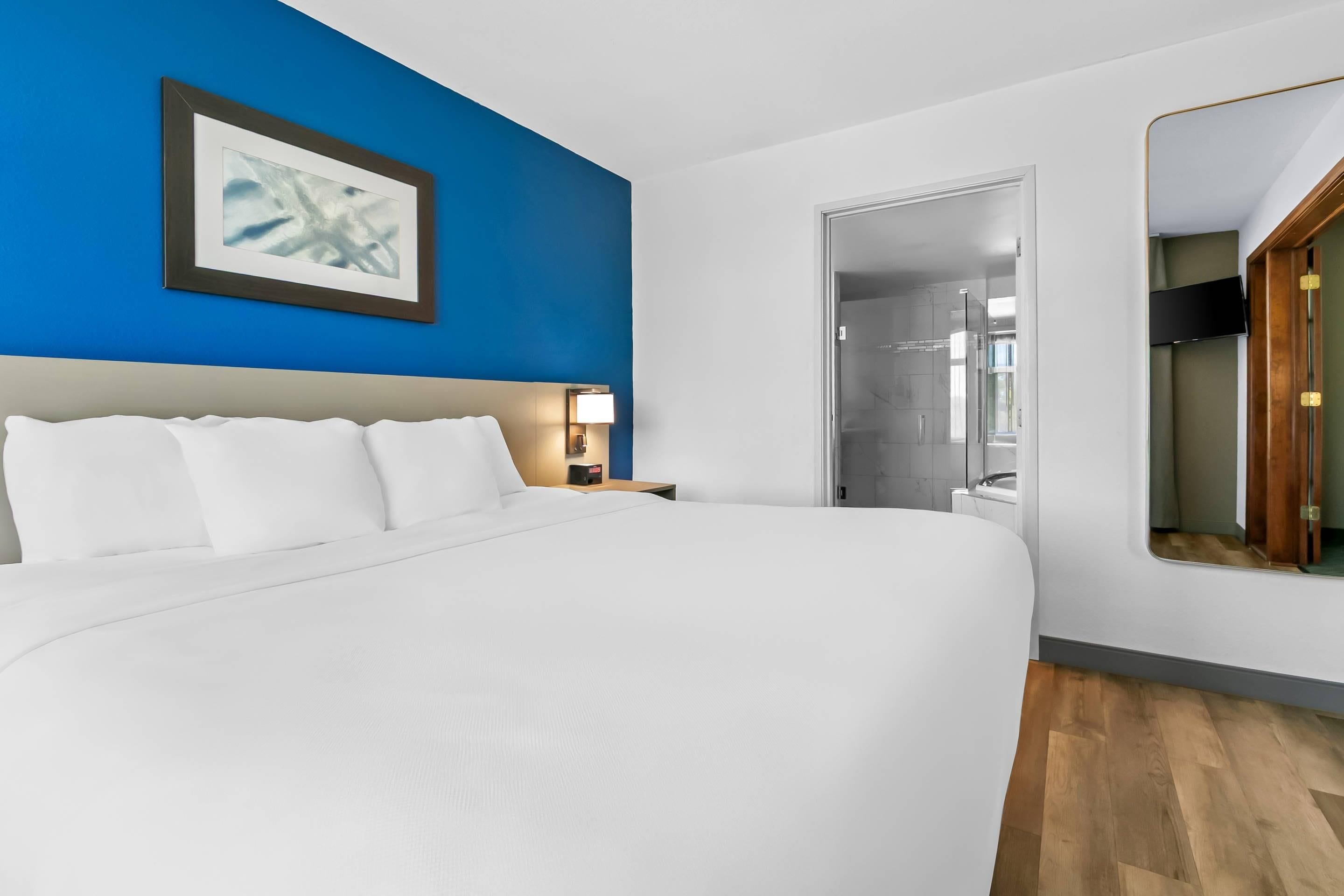 A hotel room with a large bed, a nightstand with a lamp, a framed picture on the wall, and a mirror.