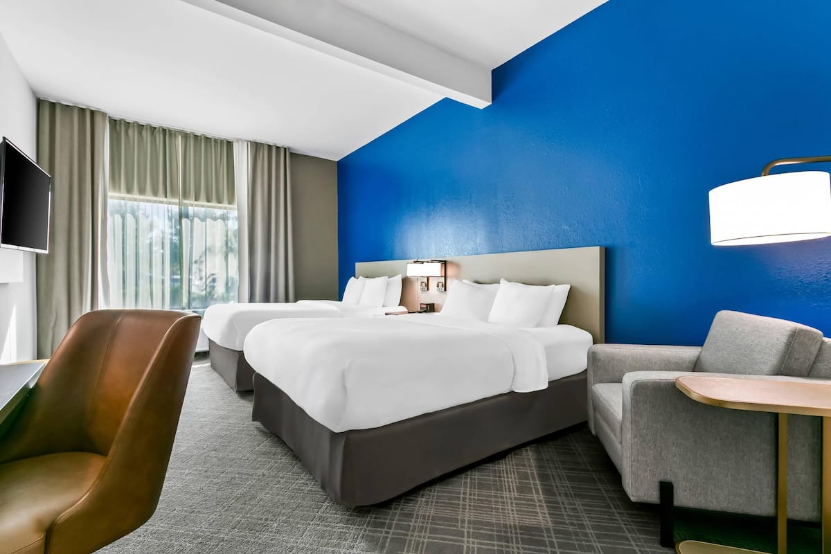 Standard Room, 2 Queen Beds, Non Smoking | Desk, laptop workspace, blackout curtains, iron/ironing board