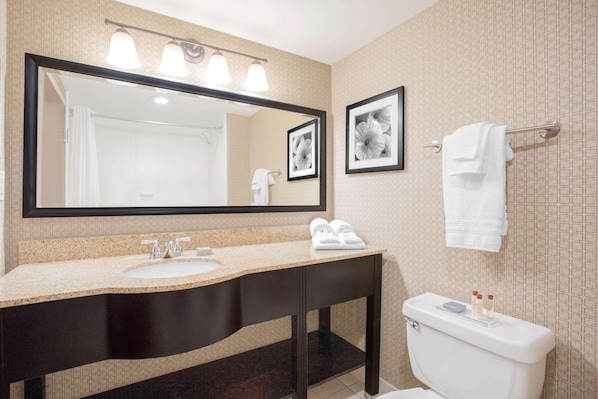Combined shower/tub, free toiletries, hair dryer, towels