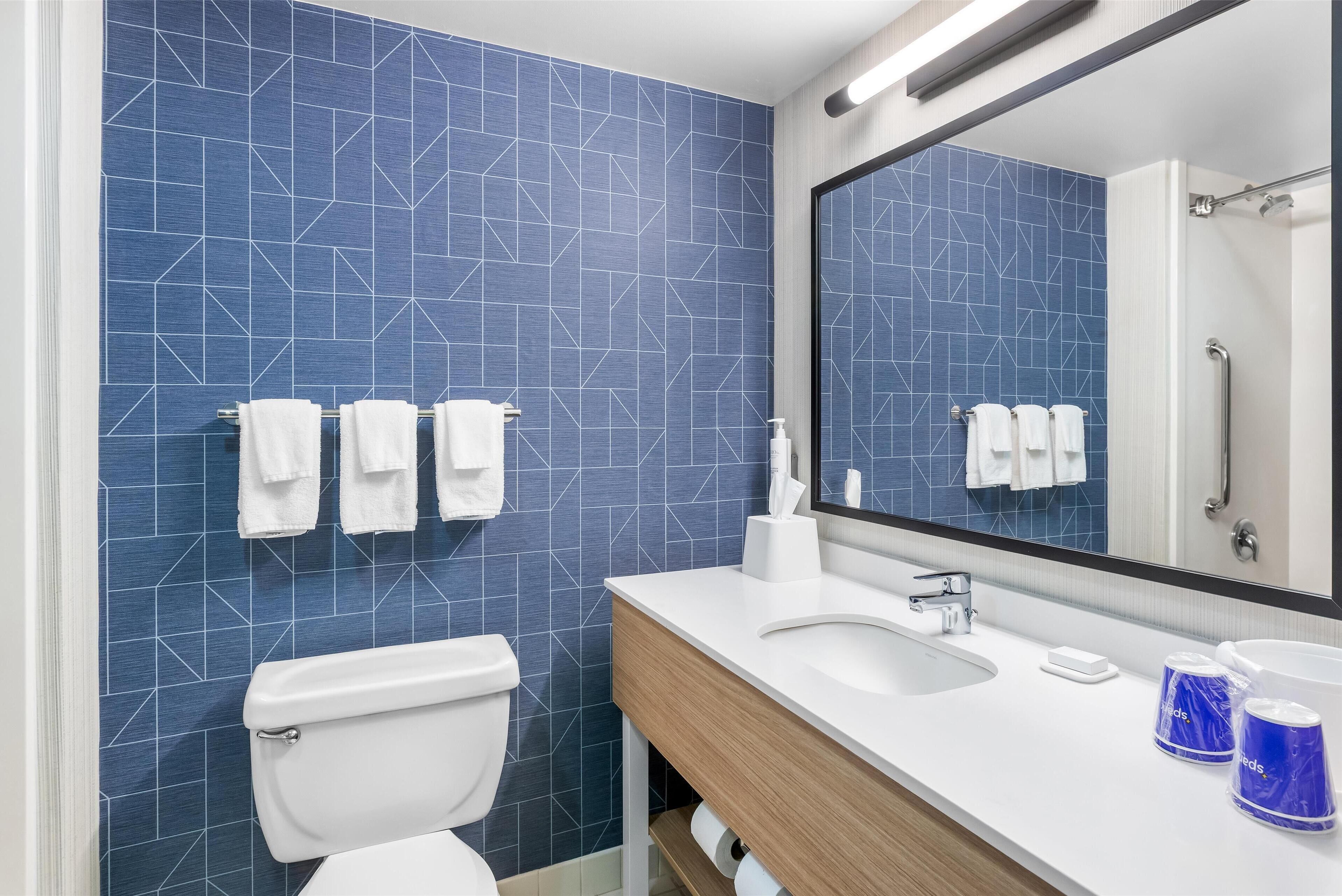 combined shower/bathtub, free toiletries, hair dryer, towels