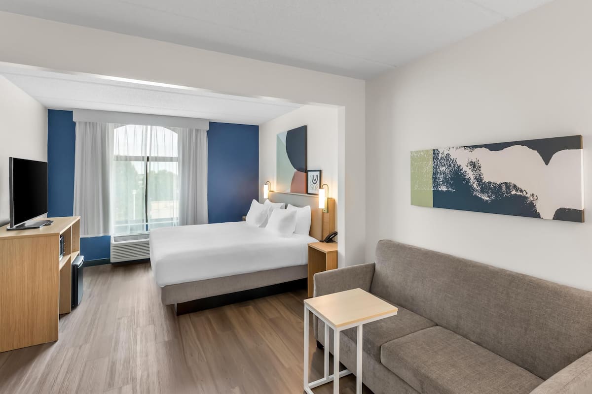 Une chambre d’hôtel avec un lit, un canapé, une télévision, un bureau et une fenêtre avec des rideaux.