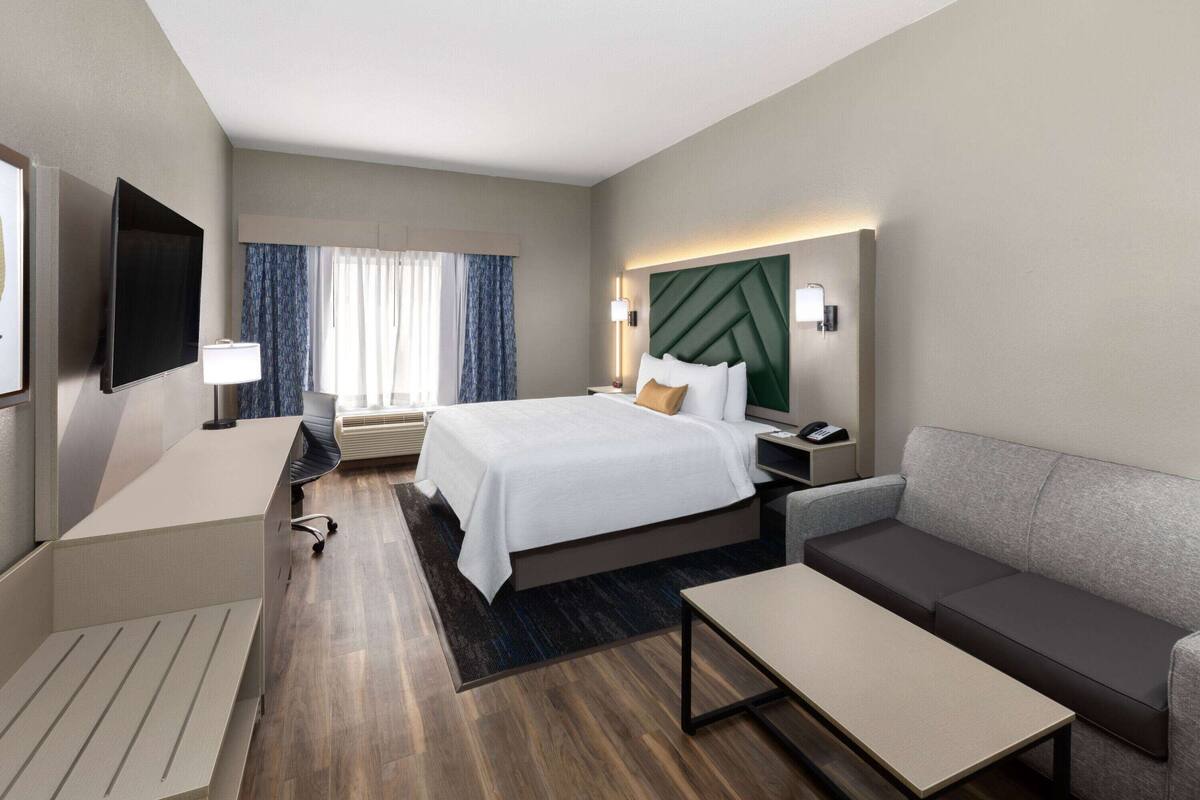 A hotel room with a bed, a desk, a sofa, a TV, and a window with curtains.