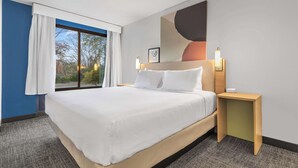 A hotel room with a large bed, a nightstand with a lamp, a window with curtains, and a painting on the wall. - Spark by Hilton Charlotte Tyvola I-77 (Charlotte)