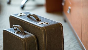 Deux valises marron, dotées de fermoirs et de poignées en métal, sont posées sur un sol recouvert de moquette.