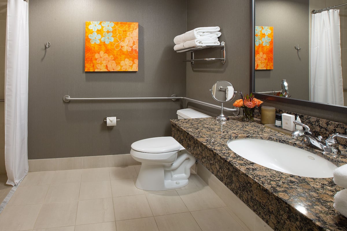 Designer toiletries, hair dryer, towels, soap