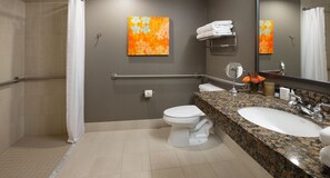 Enjoy a refreshing shower in the bathroom, featuring a walk-in shower with a safety grab bar, a toilet, and a granite countertop sink with a mirror.