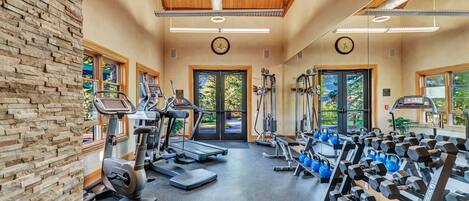 A gym with treadmills, ellipticals, and free weights.