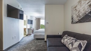 A hotel room with a grey sofa, a patterned throw pillow, a flat-screen TV mounted on the wall, and a bed with a striped bedspread.