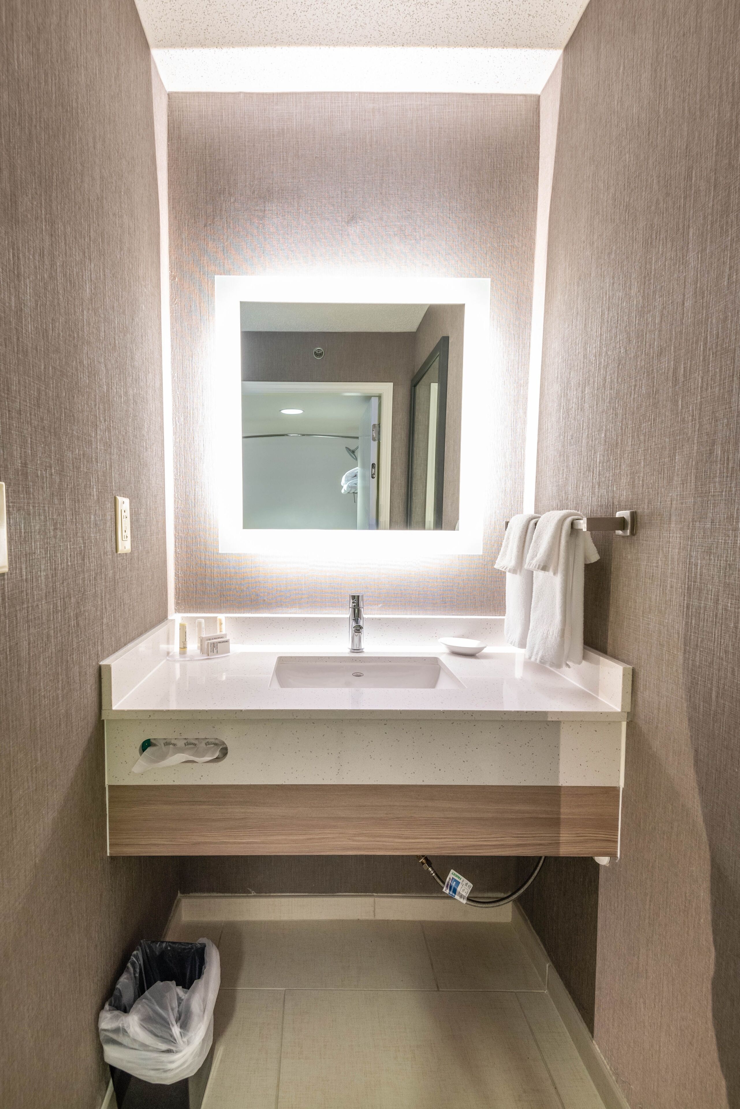 combined shower/bathtub, free toiletries, hair dryer, towels