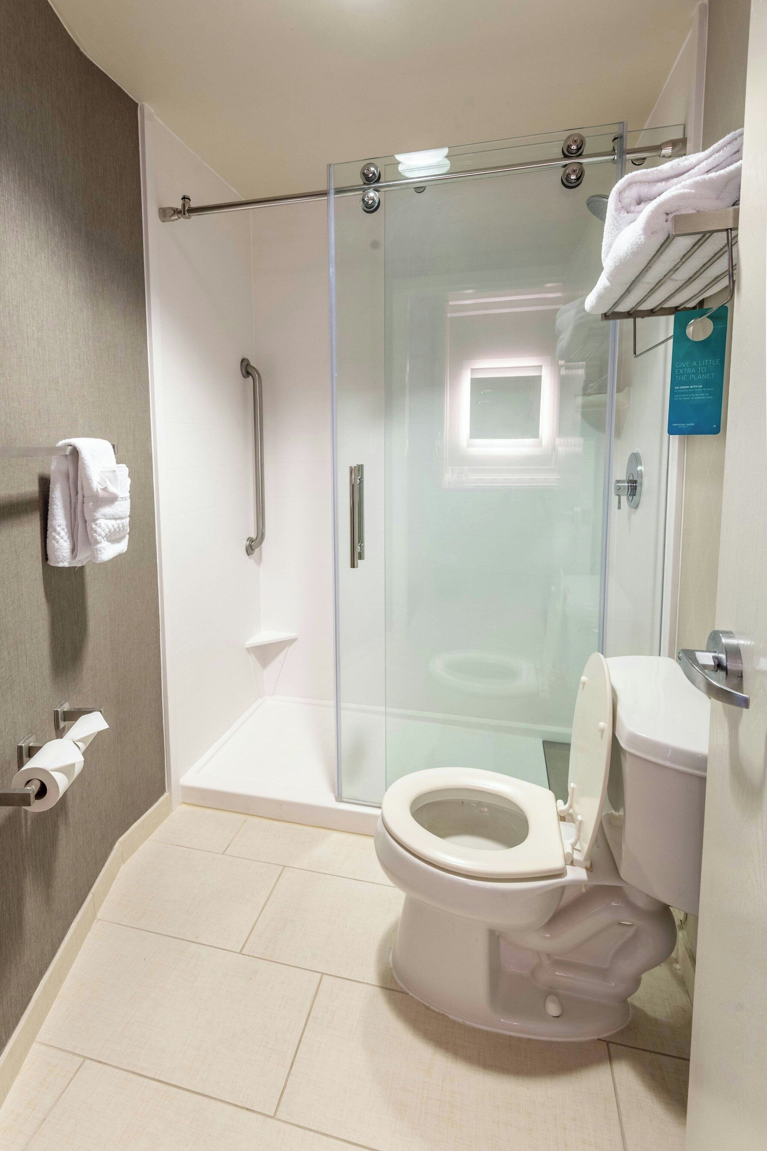 combined shower/bathtub, free toiletries, hair dryer, towels