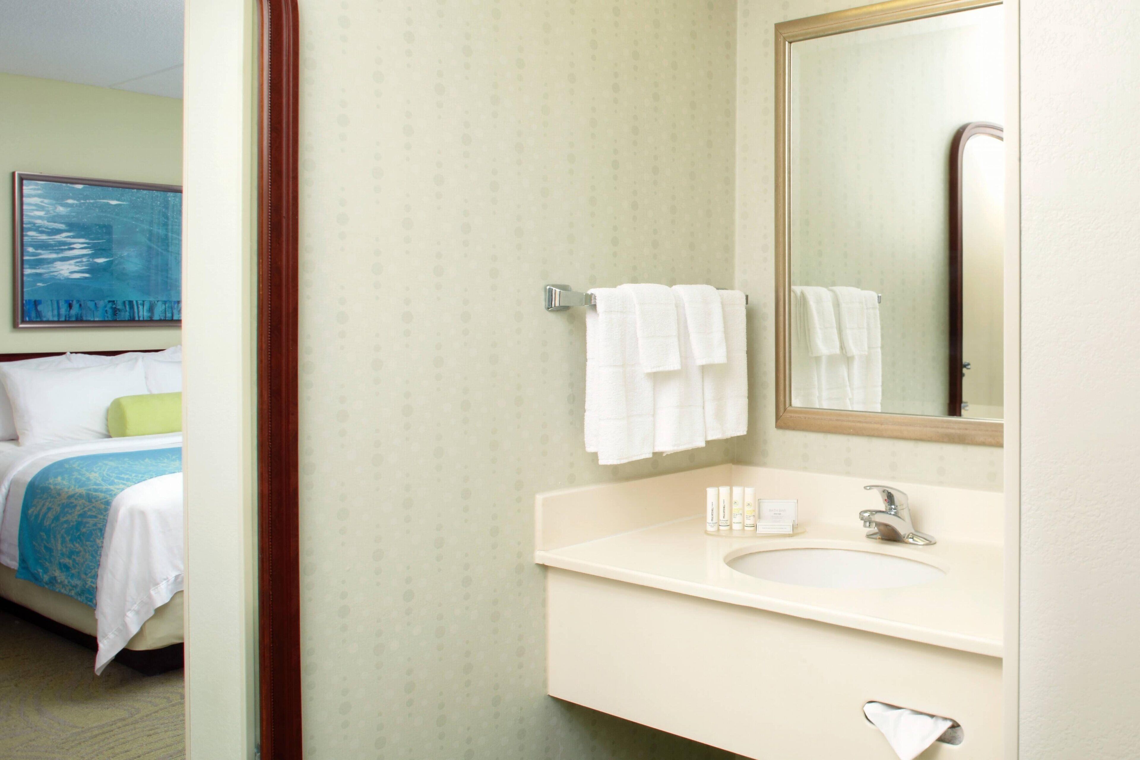 combined shower/bathtub, free toiletries, hair dryer, towels