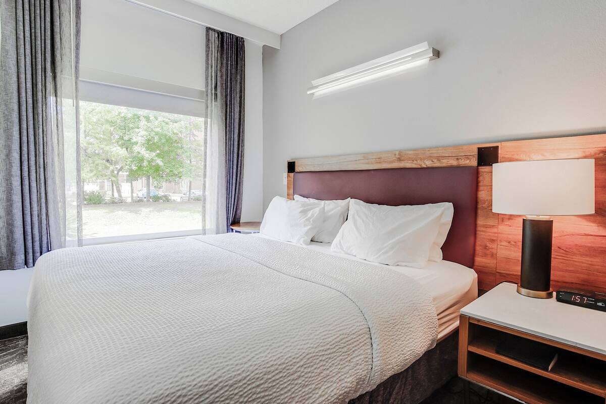 A hotel room with a large bed, a nightstand with a lamp, and a view of trees through the window.