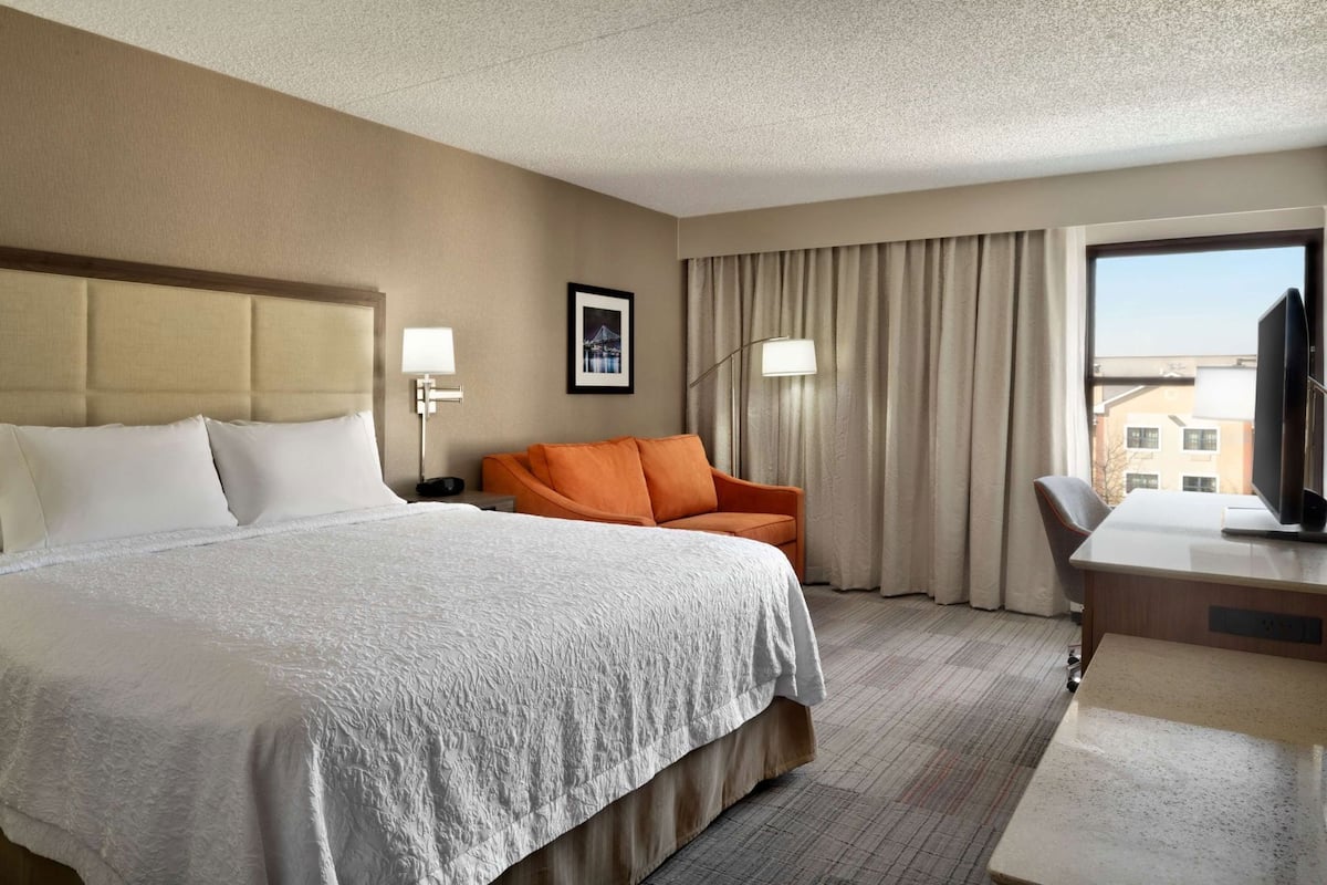 A hotel room with a large bed, a desk, an orange sofa, and a TV.