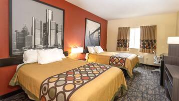 A hotel room with two beds, a cityscape painting, a window with curtains, and a desk with a lamp.
