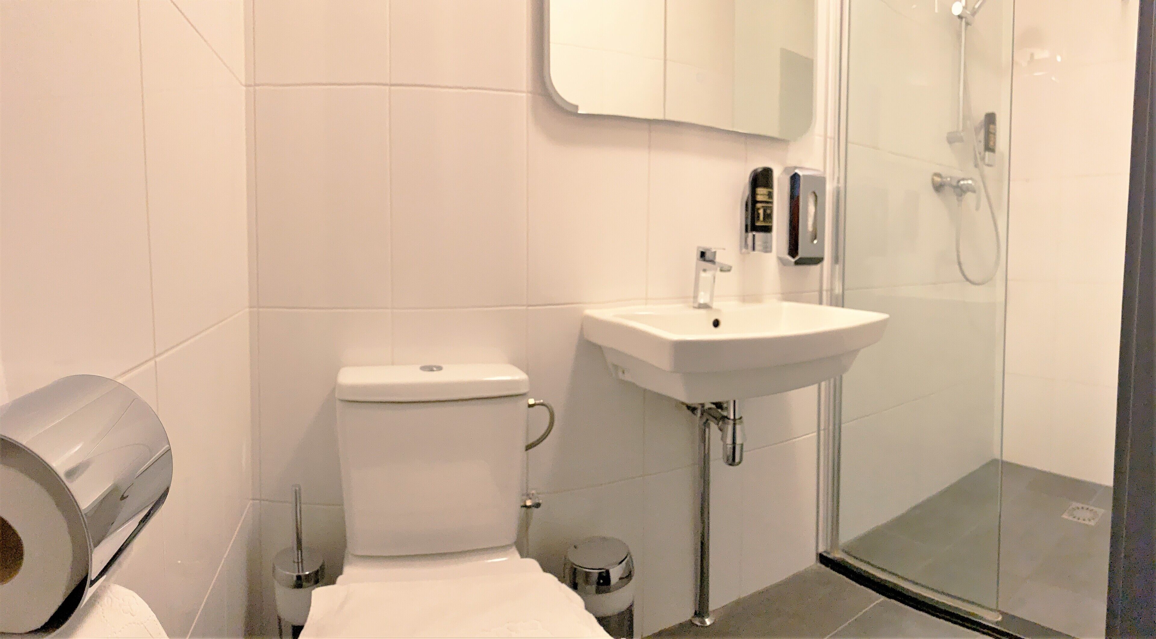 standard double room | bathroom | shower, hair dryer, towels, soap