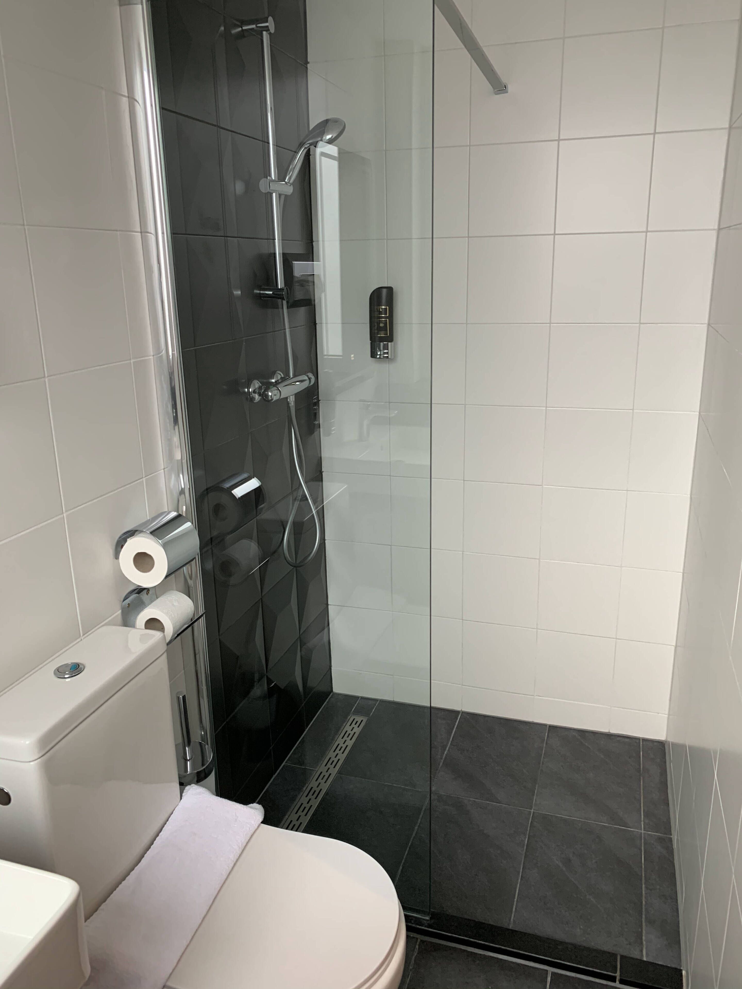 twin room | bathroom | shower, hair dryer, towels, soap