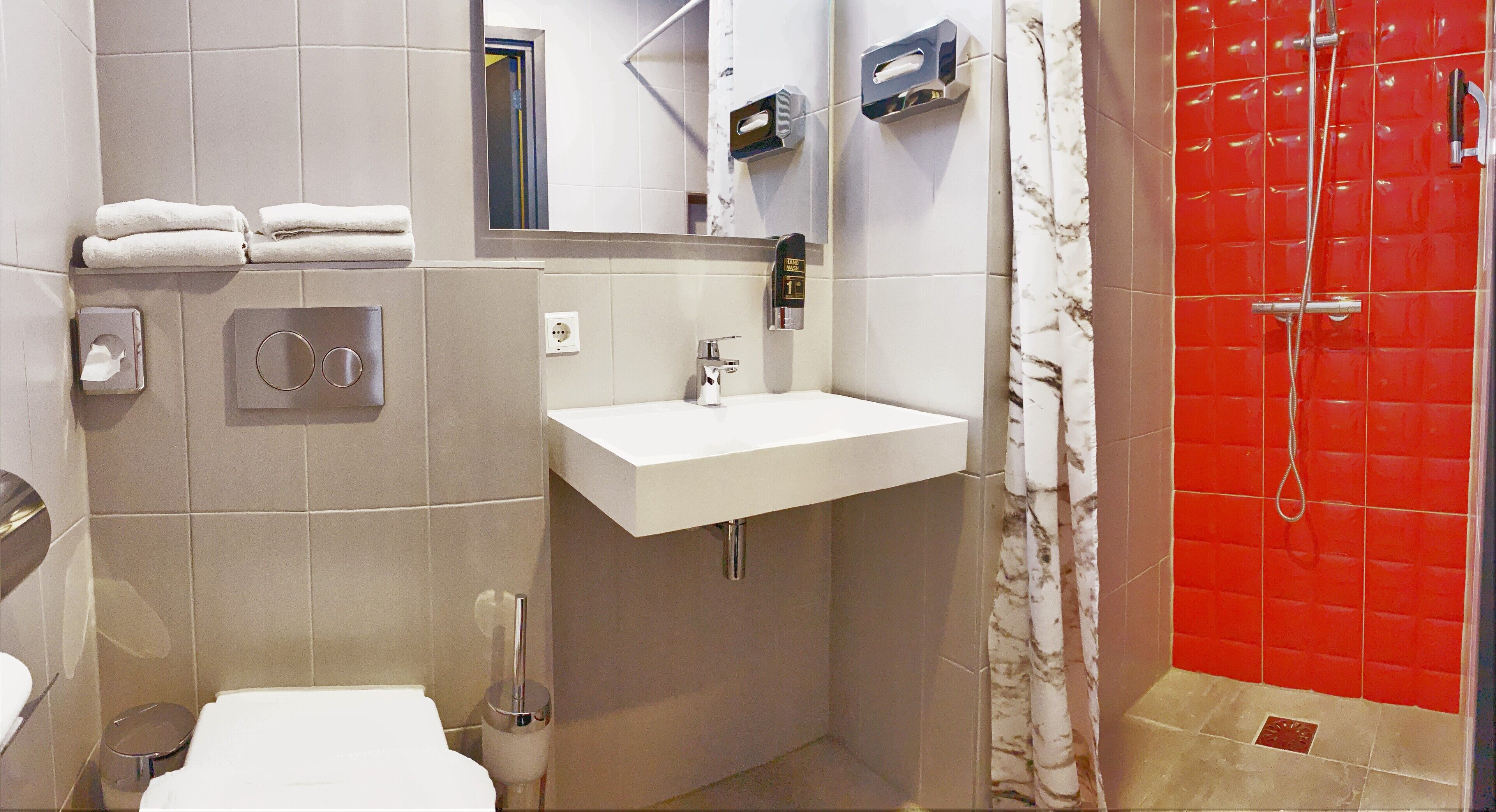 family room | bathroom | shower, hair dryer, towels, soap