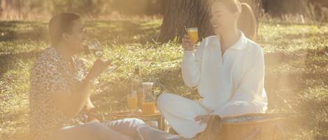 Dos personas sentadas sobre una manta al aire libre, con una cesta de picnic y bebidas.