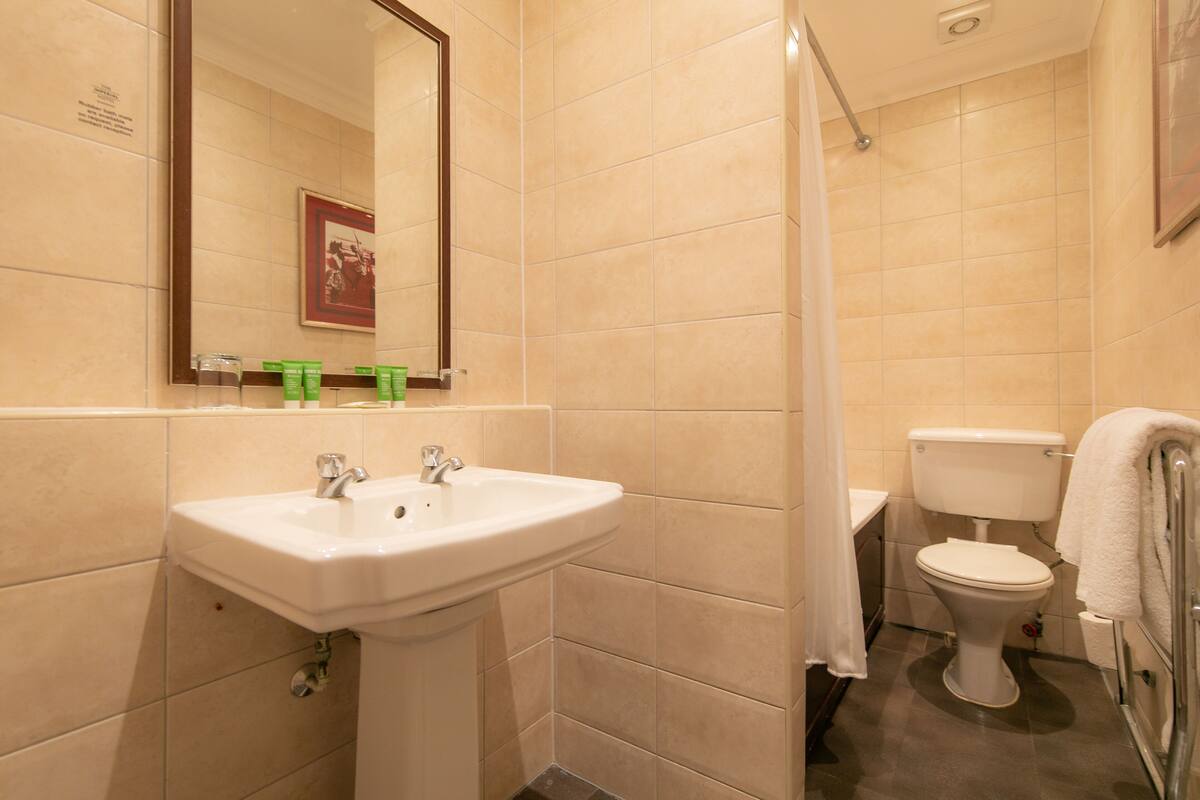 designer toiletries, hair dryer, towels