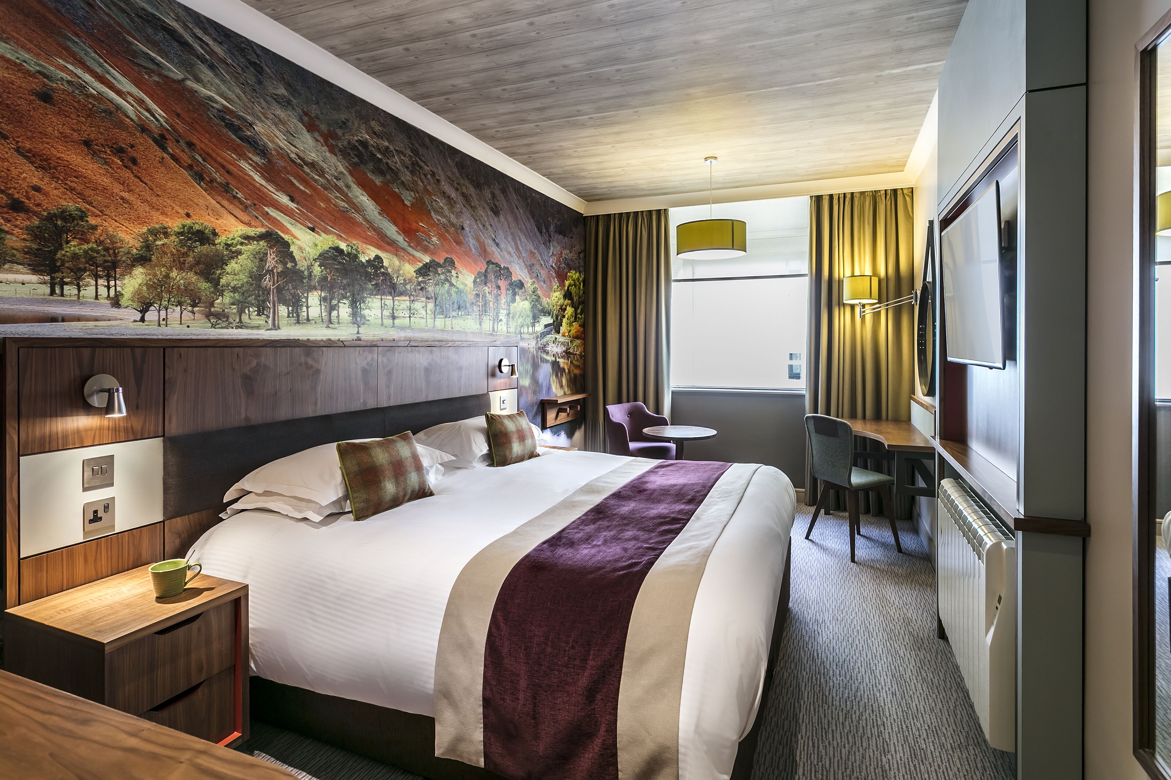 A hotel room with a large bed, a desk, a chair, a TV, and a mural on the wall.
