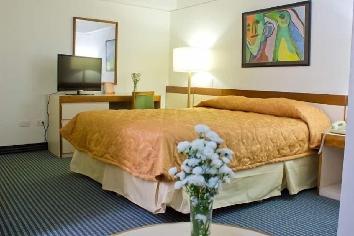Een hotelkamer met een bed, een televisie, een lamp en een schilderij aan de muur.