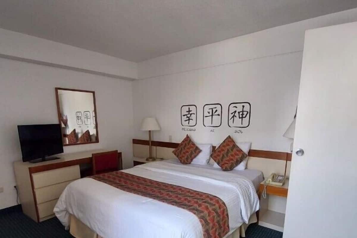 Een hotelkamer met een bed, een televisie, een bureau en een deur.