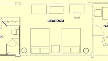 A floor plan with a bedroom, bathroom, and balcony facing a private lagoon.