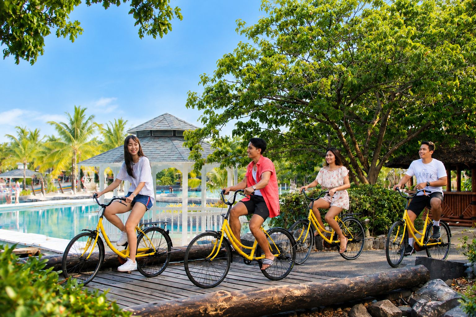 A group of people riding bicycles along a wooden boardwalk with a pool and palm trees in the background.