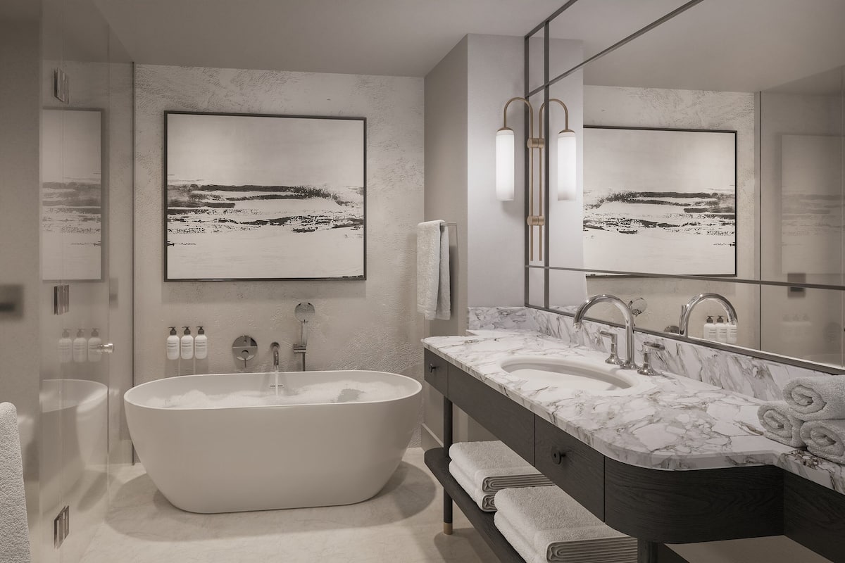 Separate tub and shower, deep soaking tub, rainfall showerhead