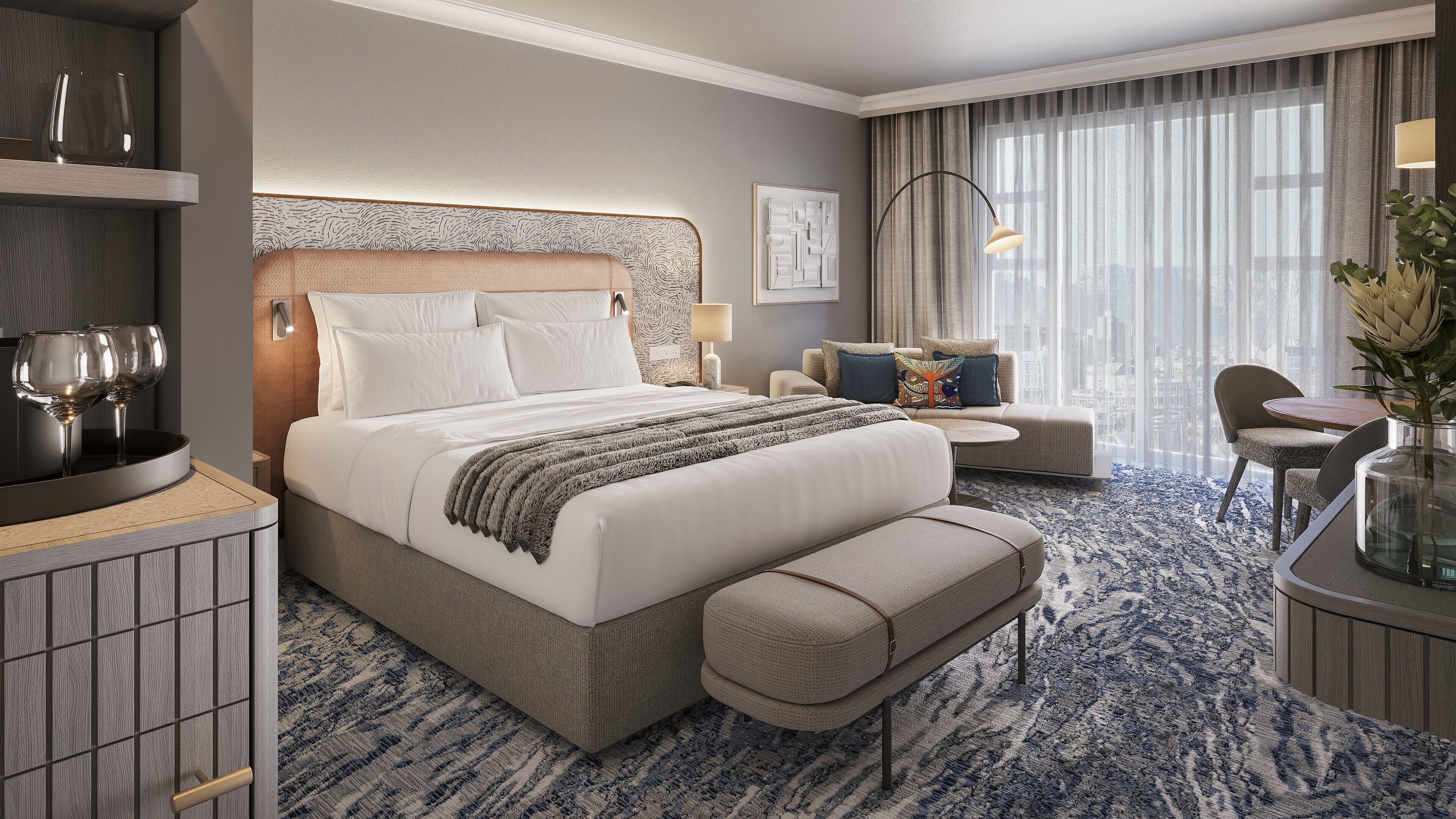 Minibar, caja de seguridad en la habitación y escritorio 