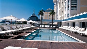 Outdoor pool, pool umbrellas, pool loungers