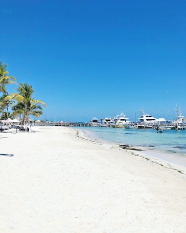 Playa privada, arena blanca, sillas reclinables de playa, sombrillas
