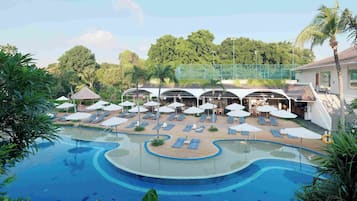 Outdoor pool, pool umbrellas, pool loungers