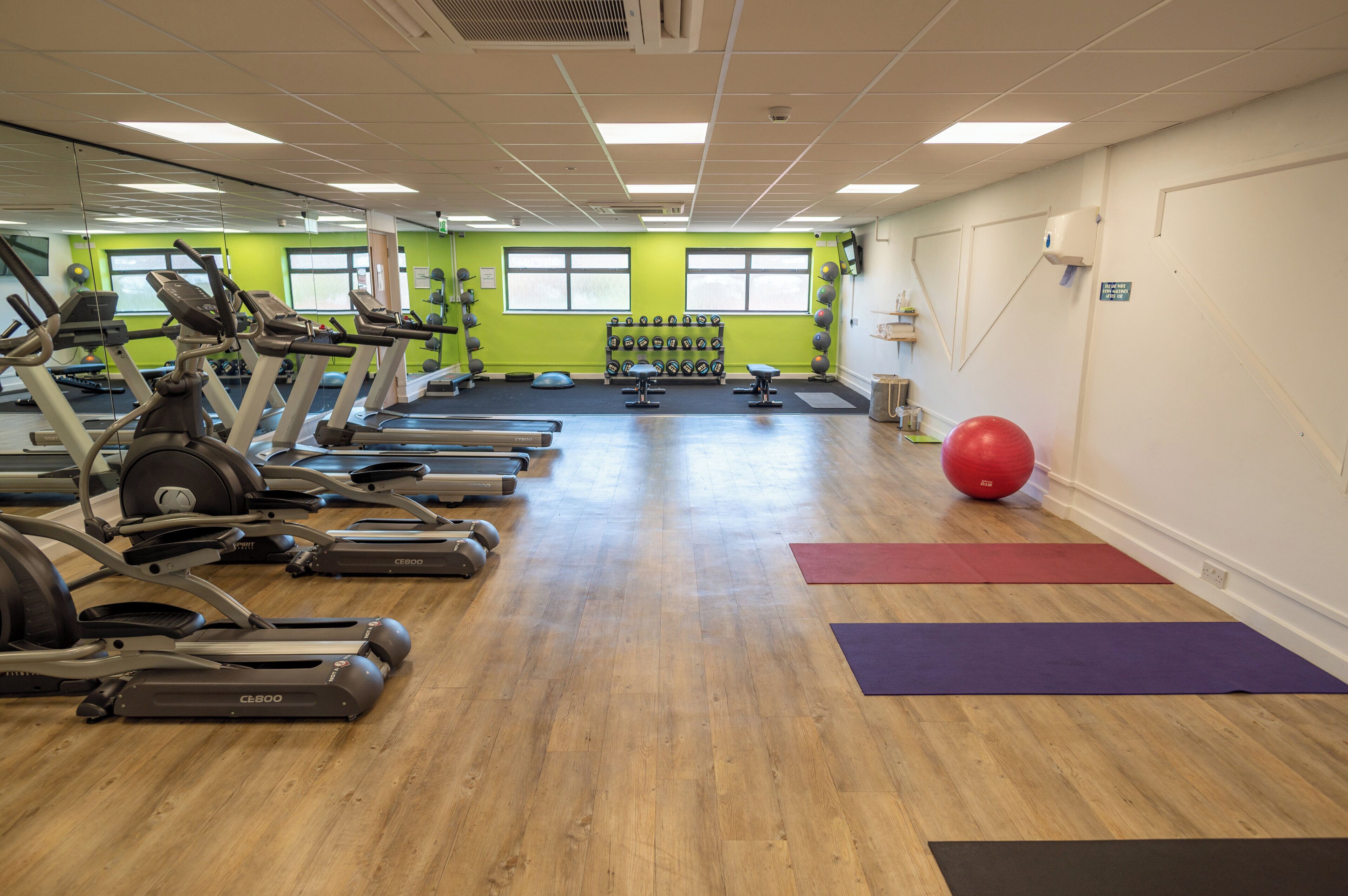 A gym with treadmills, elliptical machines, and free weights.