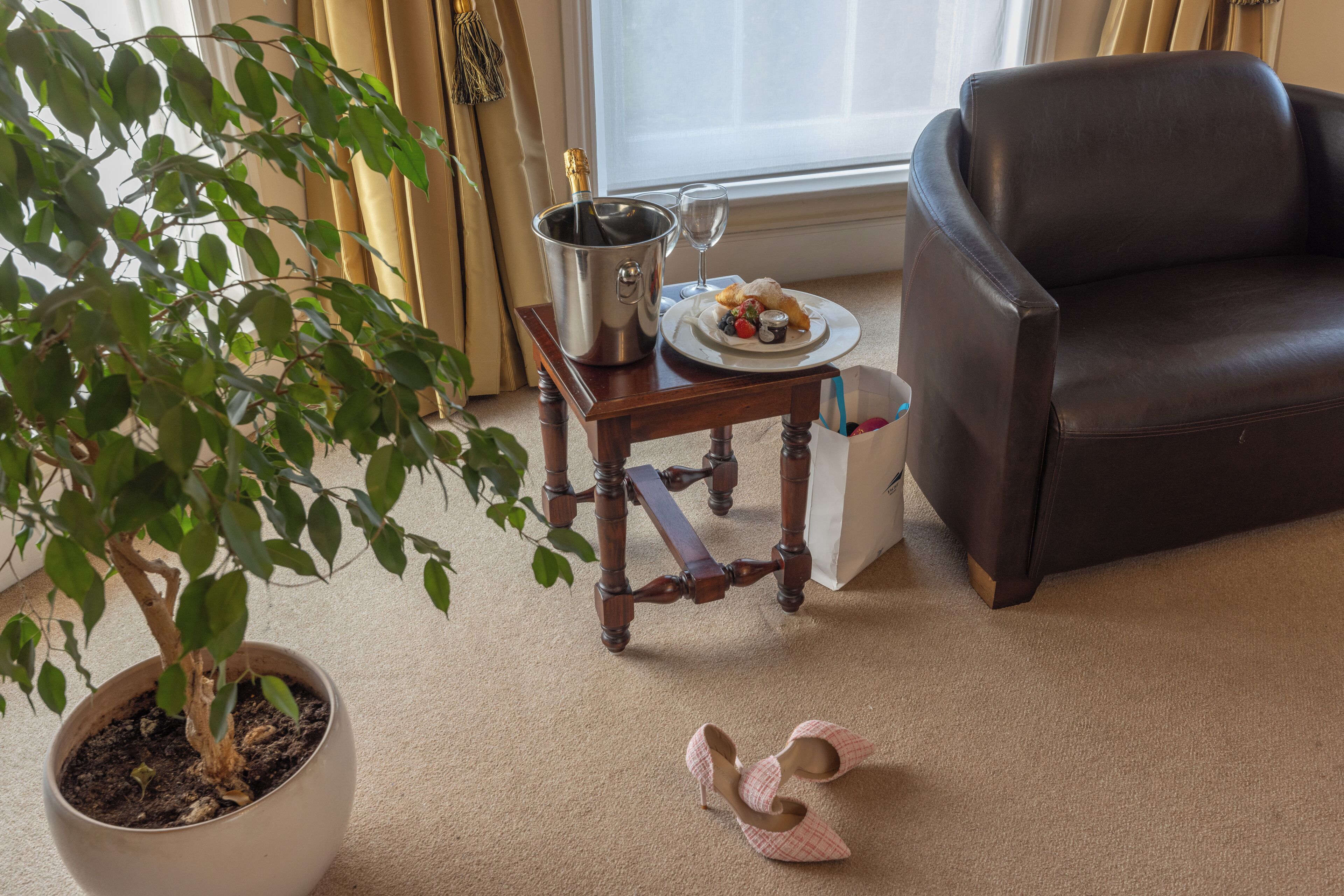 Una habitación con una planta en maceta, una pequeña mesa con una botella de champán y una copa, un plato con comida y un sillón de cuero marrón.
