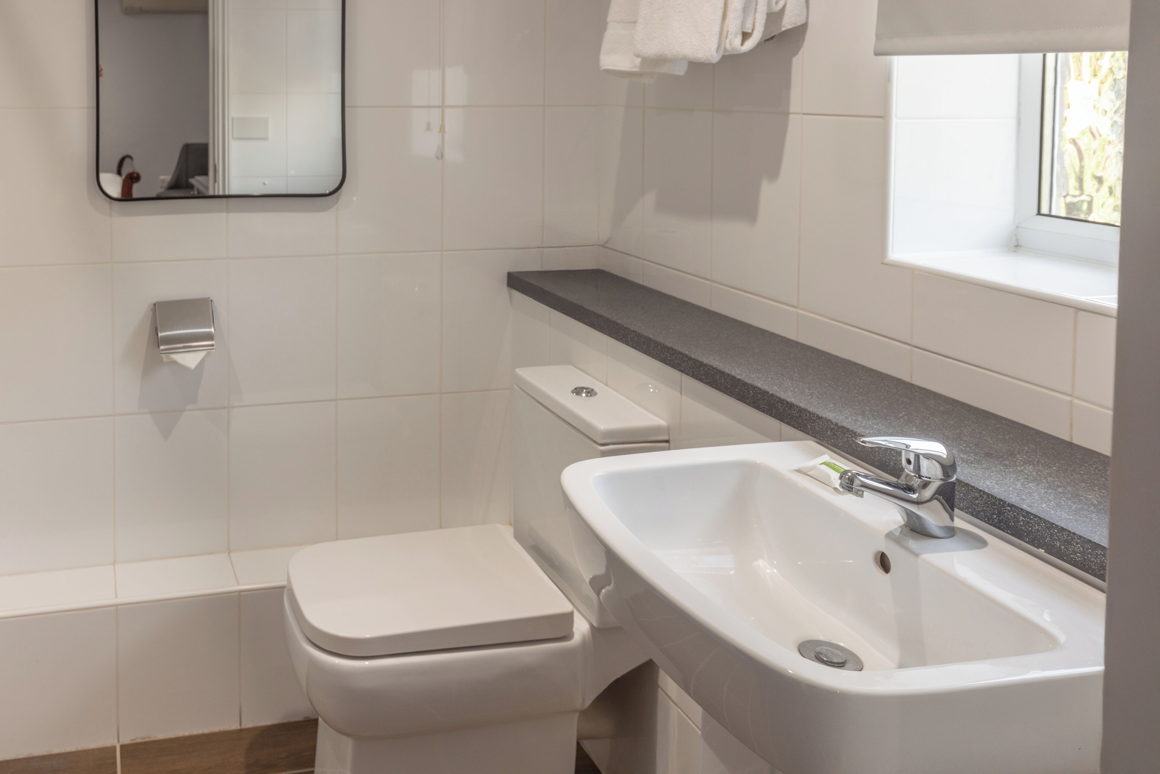 A modern bathroom with a white toilet, a sink, and a mirror.
