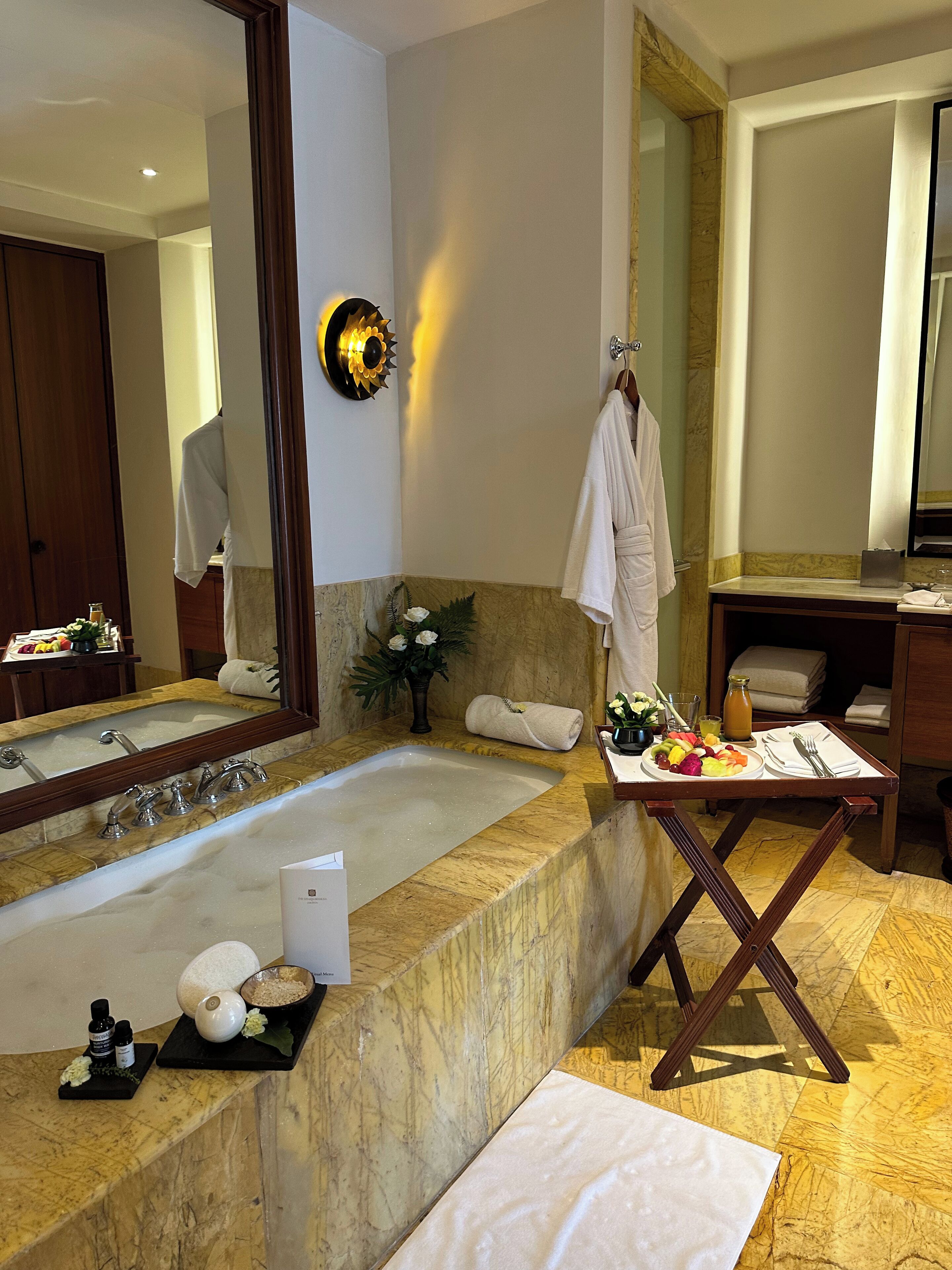 separate bathtub and shower, free toiletries, hair dryer, bathrobes