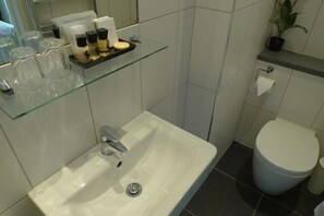 Combined shower/tub, free toiletries, hair dryer, towels