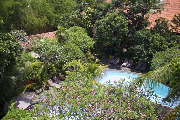 A pool surrounded by lush greenery and a tiled roof. - Jogja Village (Yogyakarta)