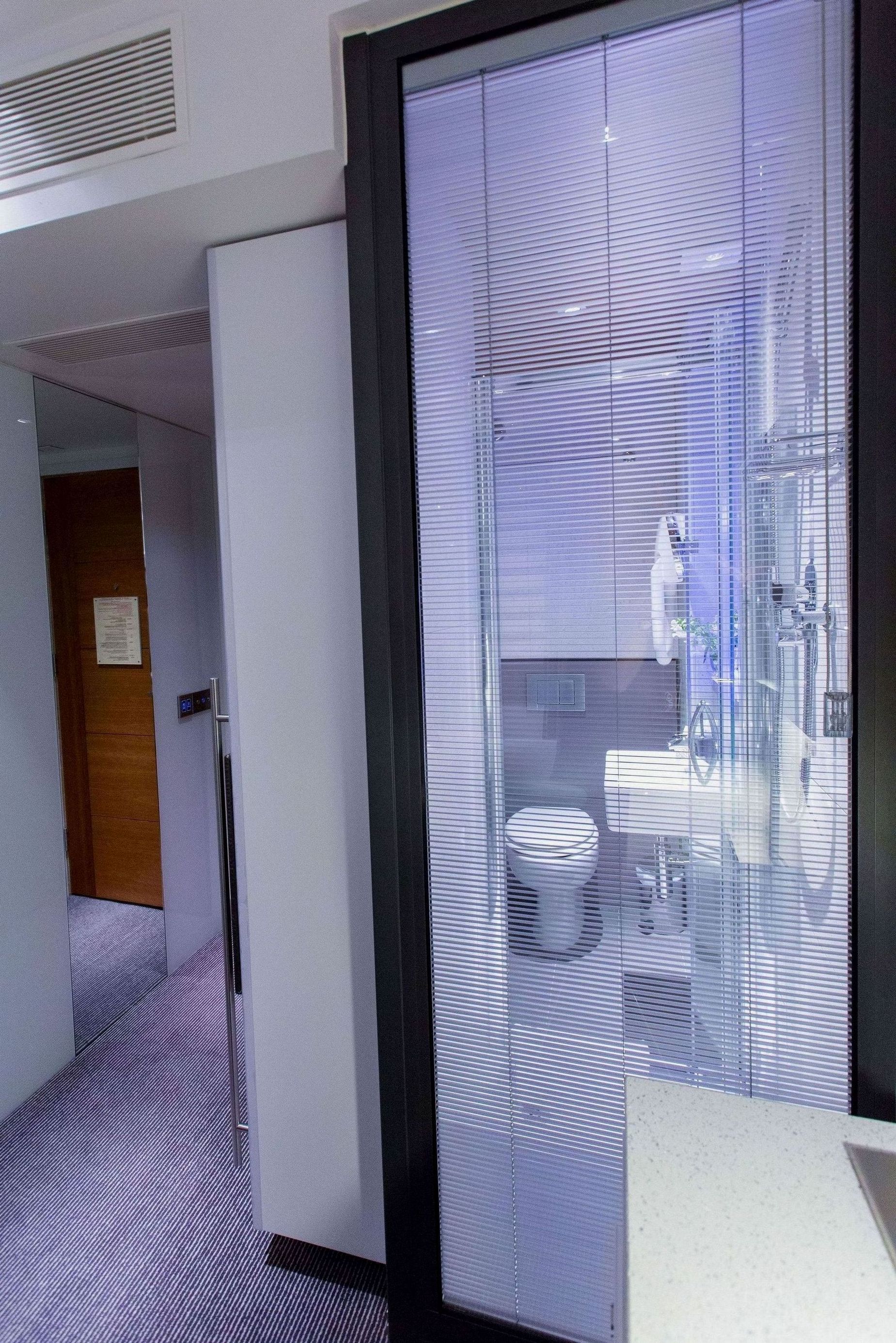 Une salle de bain moderne avec une paroi en verre, des toilettes et un lavabo.